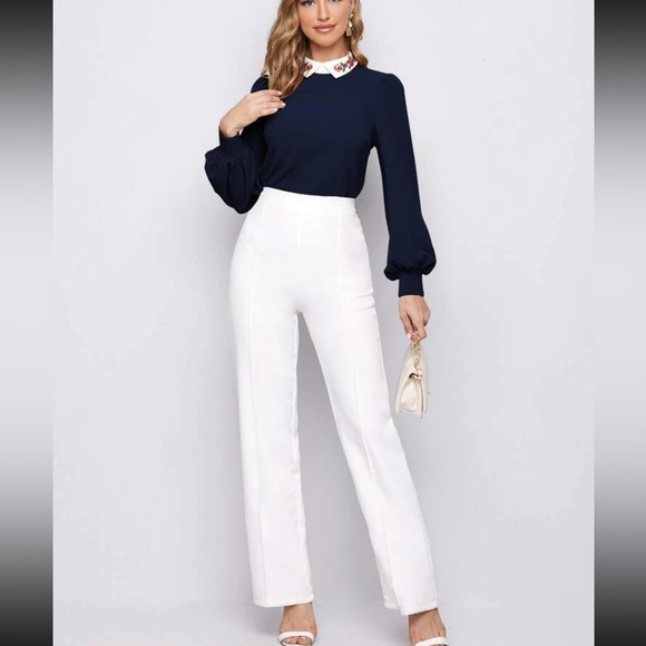 Tops - Navy Blue Blouse with White Collar Detail